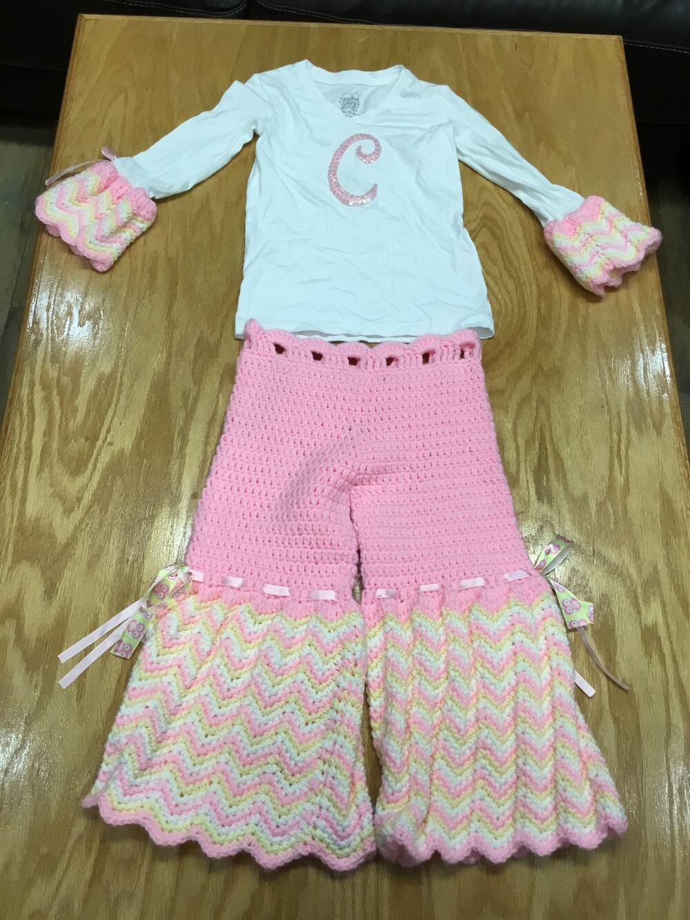 Faded Glory Pants Shirt 2-Piece Set Girls XS (4-5) Pink White Knit Flared Leg
